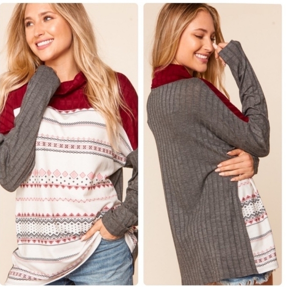 A Girl Thing Tops - Ribbed Crimson Cowl Neck Turtleneck with French Terry Ethnic/Tribal Print